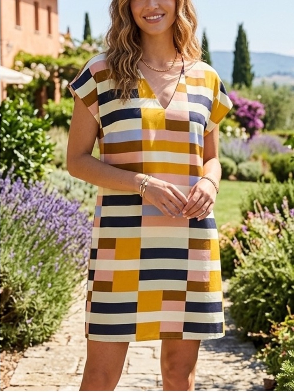 Marie Oliver Silk Linen Andi Colorblock V-Neck Shift Dress Summer Mediterranean